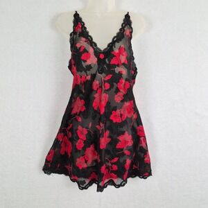 Vtg Y2k 90s L.A. Intimates Red Floral Small Black Lace Sheer Nighty Lingerie